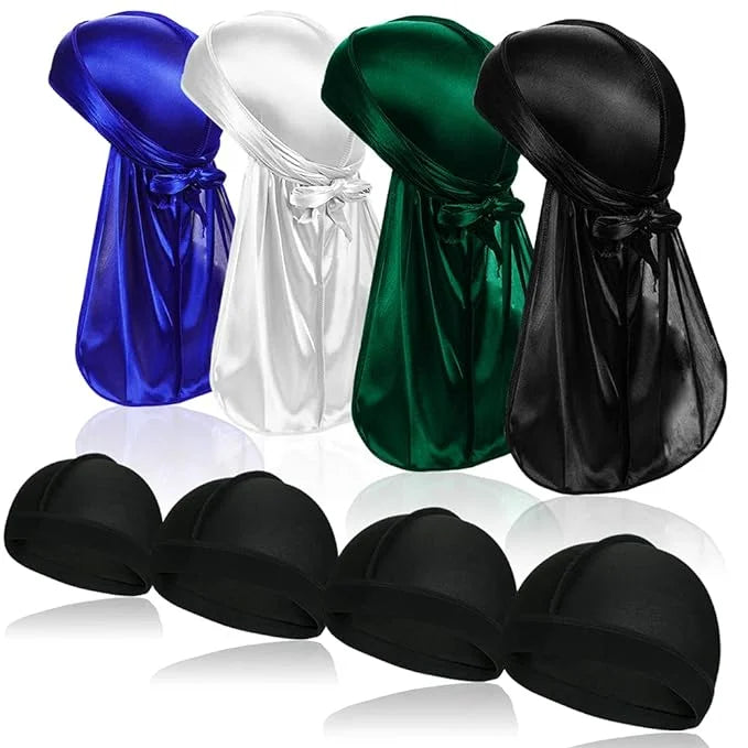 ASKNOTO 4 Pcs Silky Men Durag Headwraps with Long Tail and 4 Pcs Silk Wave Cap Perfect 360 Waves