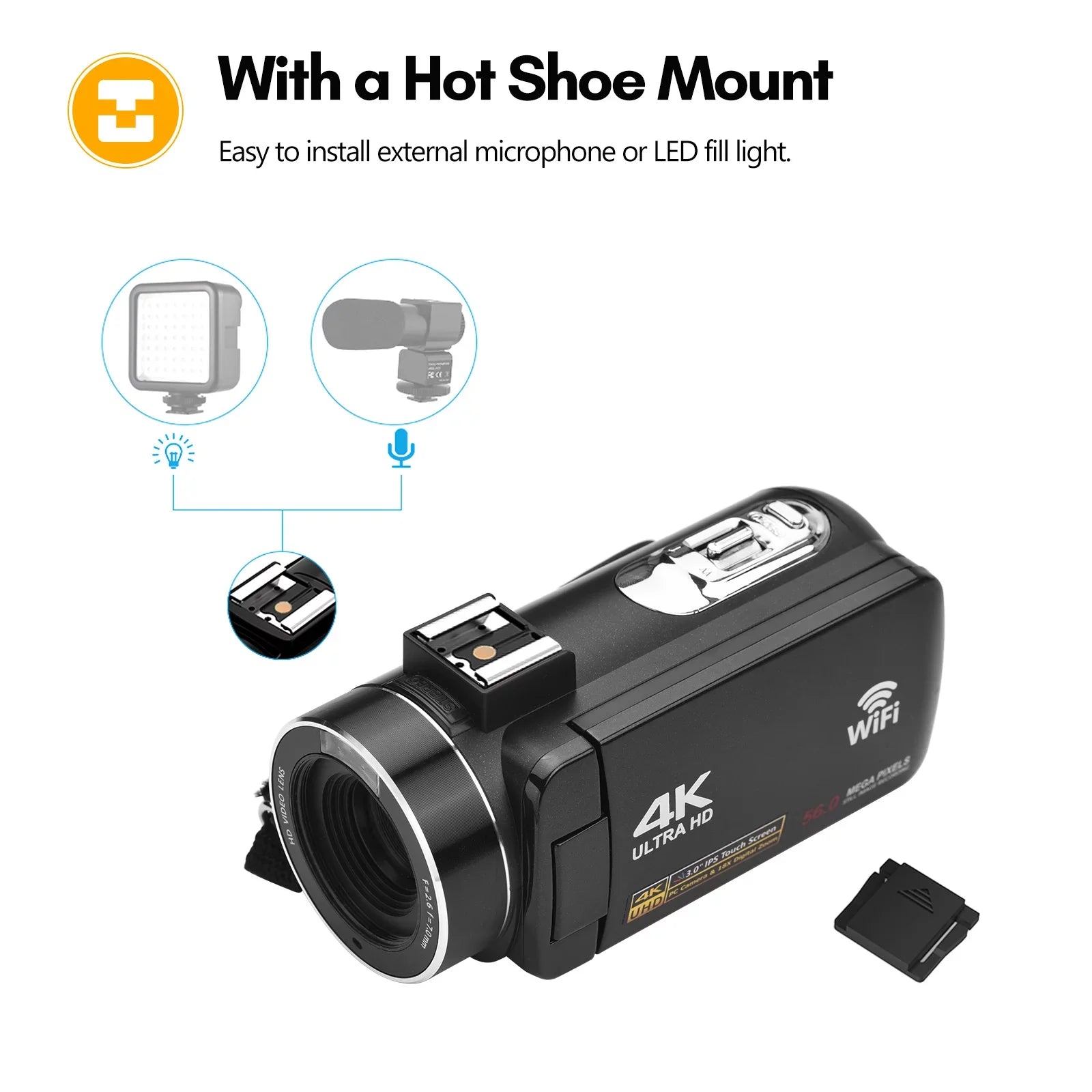 Andoer 4K Digital Video WiFi Camcorder DV Recorder 56MP 18X Digital Zoom 3.0 Inch IPS Touchscreen Supports Face Detection IR Night Vision -shake with 2pcs Batteries + Remote Control + Carry Bag