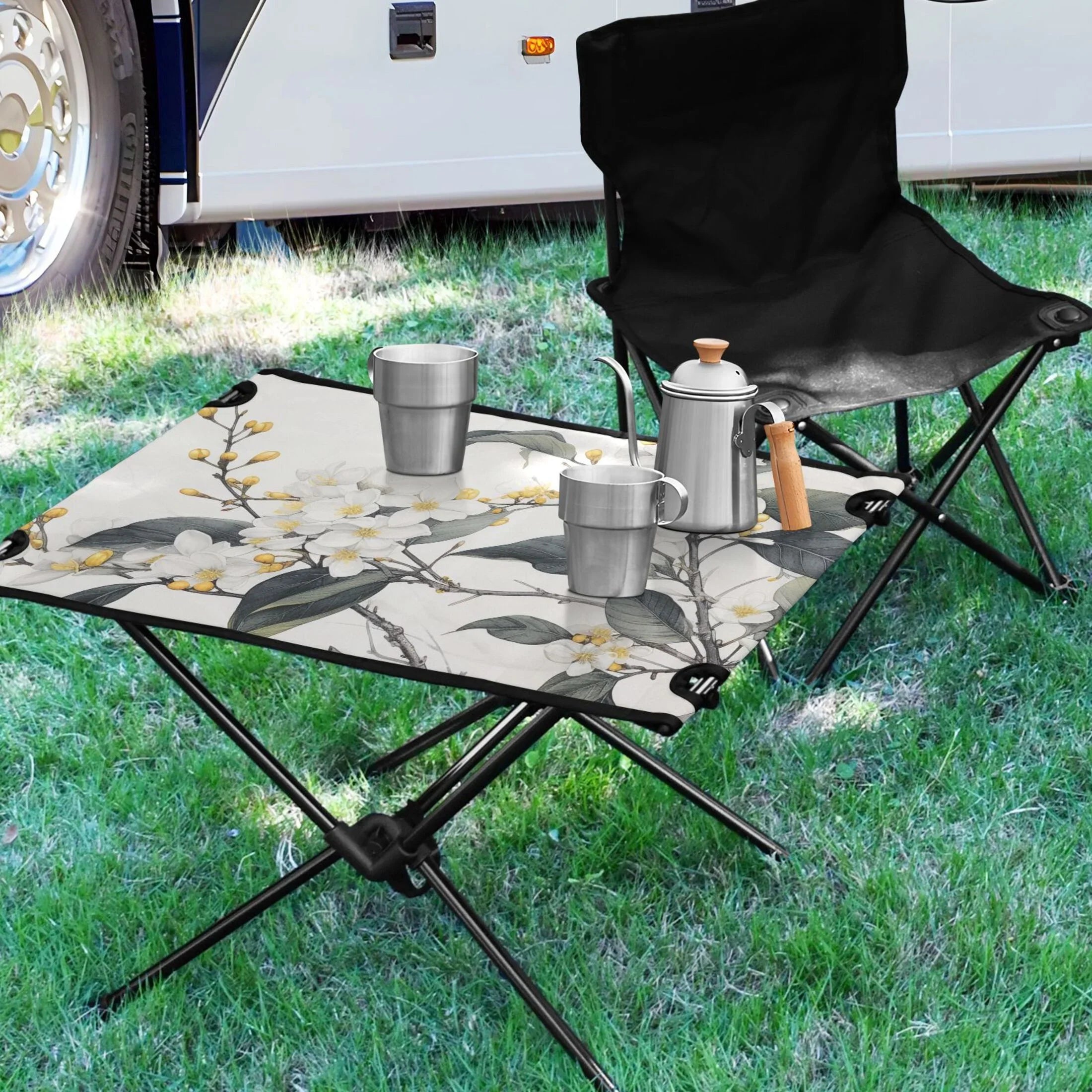 Blooming Jasmine Flowers Camping Foldable Portable Table Beach Table with Storage Bag Compact Picnic Table Outdoor Hiking Fishing BBQ