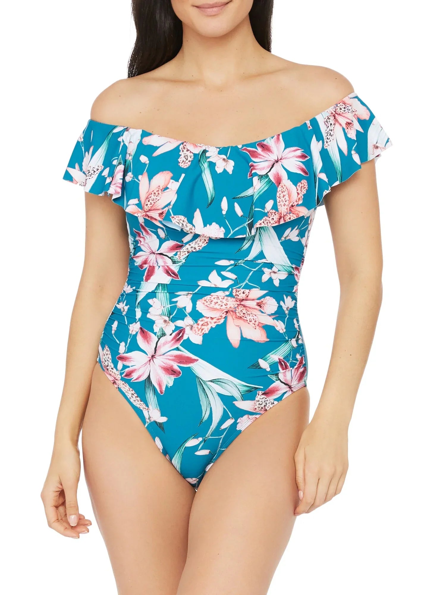 LA BLANCA Women's Blue Floral Stretch Lined Lace-up Back Ruched Ruffled Molded Cup Garden Off The Shoulder One Piece Swimsuit 4