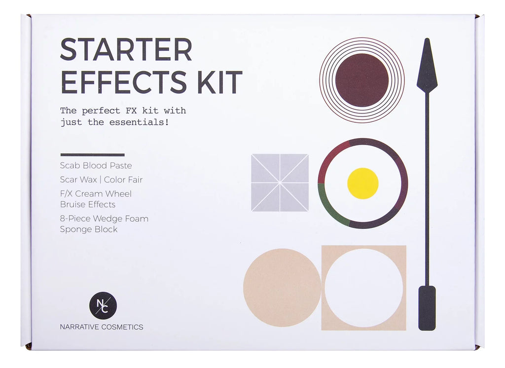 Narrative Cosmetics Starter Effects Kit - 6 Color Bruise Wheel, Scar Wax with Double Sided Spatula, Scab Blood Paste, and Foam Makeup Sponge Block - Perfect Special FX and Theatrical Makeup