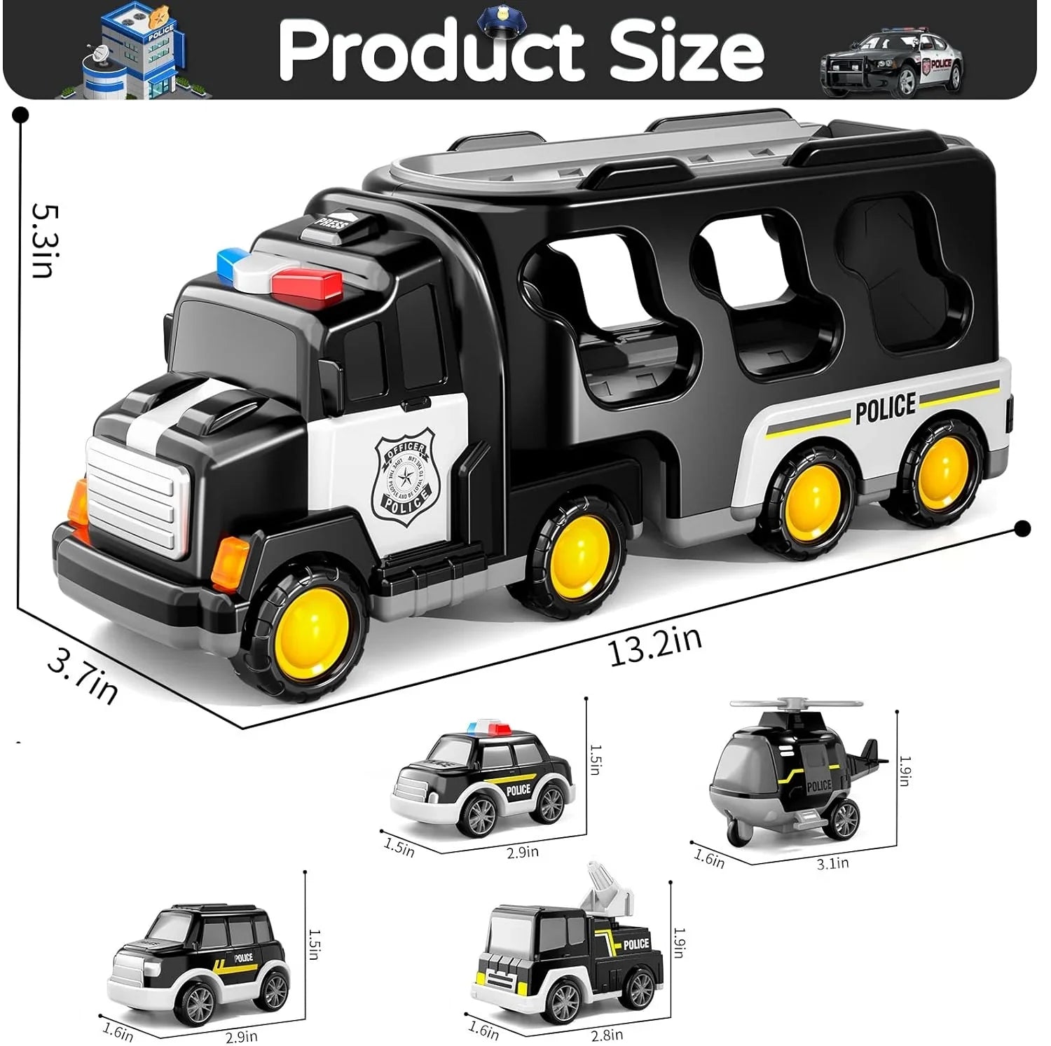 PayUSD Construction Toddler Police Truck Car Toys 3 4 5 6 Year Old Boys 5 in 1 Construction Car Trucks Playset with Play Mat & Accesoories, Birthday Gifts Toddlers Kids Boys Girls Age 3-5