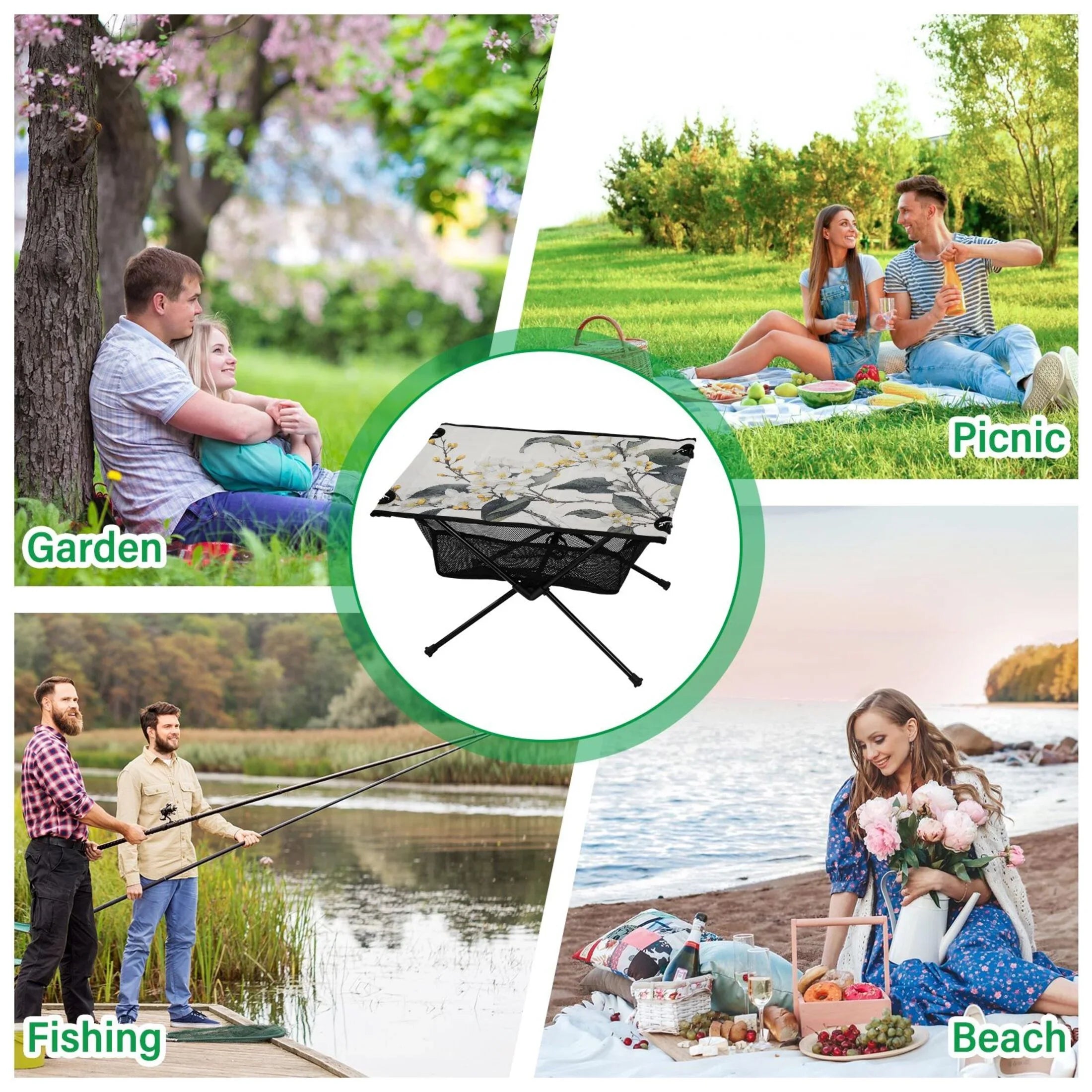 Blooming Jasmine Flowers Camping Foldable Portable Table Beach Table with Storage Bag Compact Picnic Table Outdoor Hiking Fishing BBQ