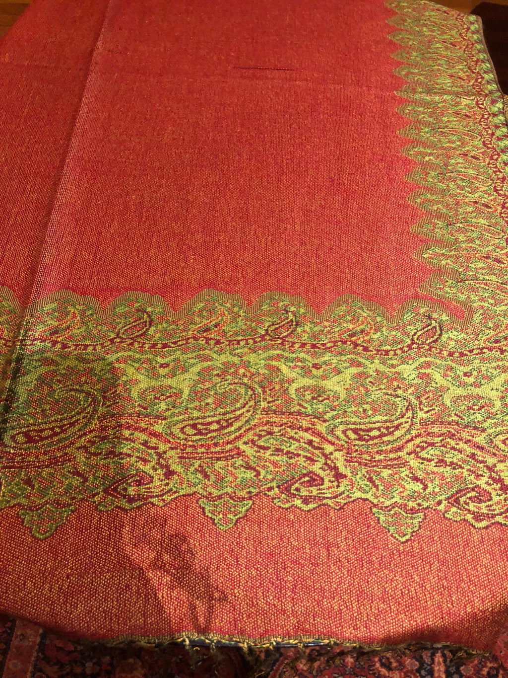 Green Red Reversible Vintage Paisley Brocade Pashmina Scarf Wrap