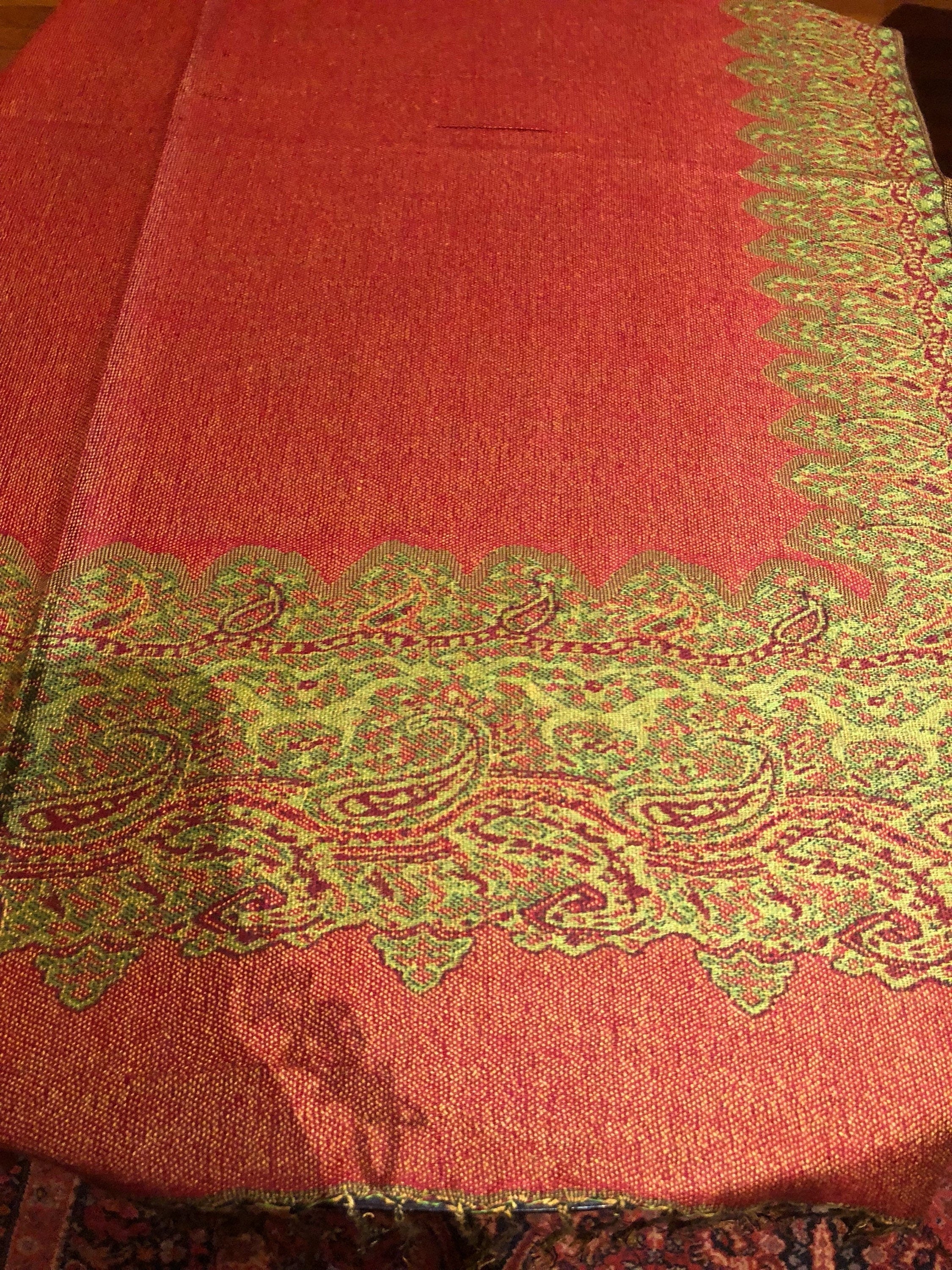 Green Red Reversible Vintage Paisley Brocade Pashmina Scarf Wrap