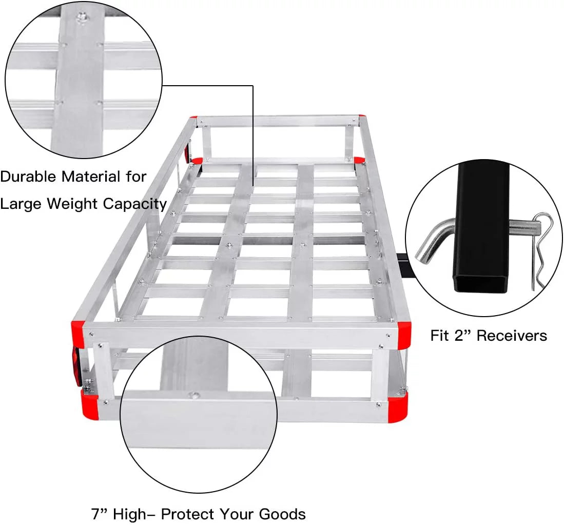 Hitch Cargo Carrier, Aluminum Trailer Hitch Cargo Carrier Fits 2” Receiver, 60” x 22” x 7” Mount Luggage Rack, Vehicle Cargo Basket SUV, Truck, Car, 500LBS Capacity