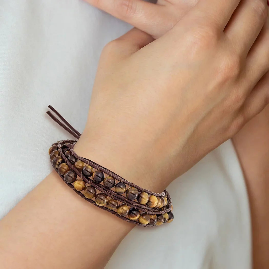Stainless Steel 6mm Brown Beads and Leather Cord Multi Wrap Bracelet Jewelry Gifts Women