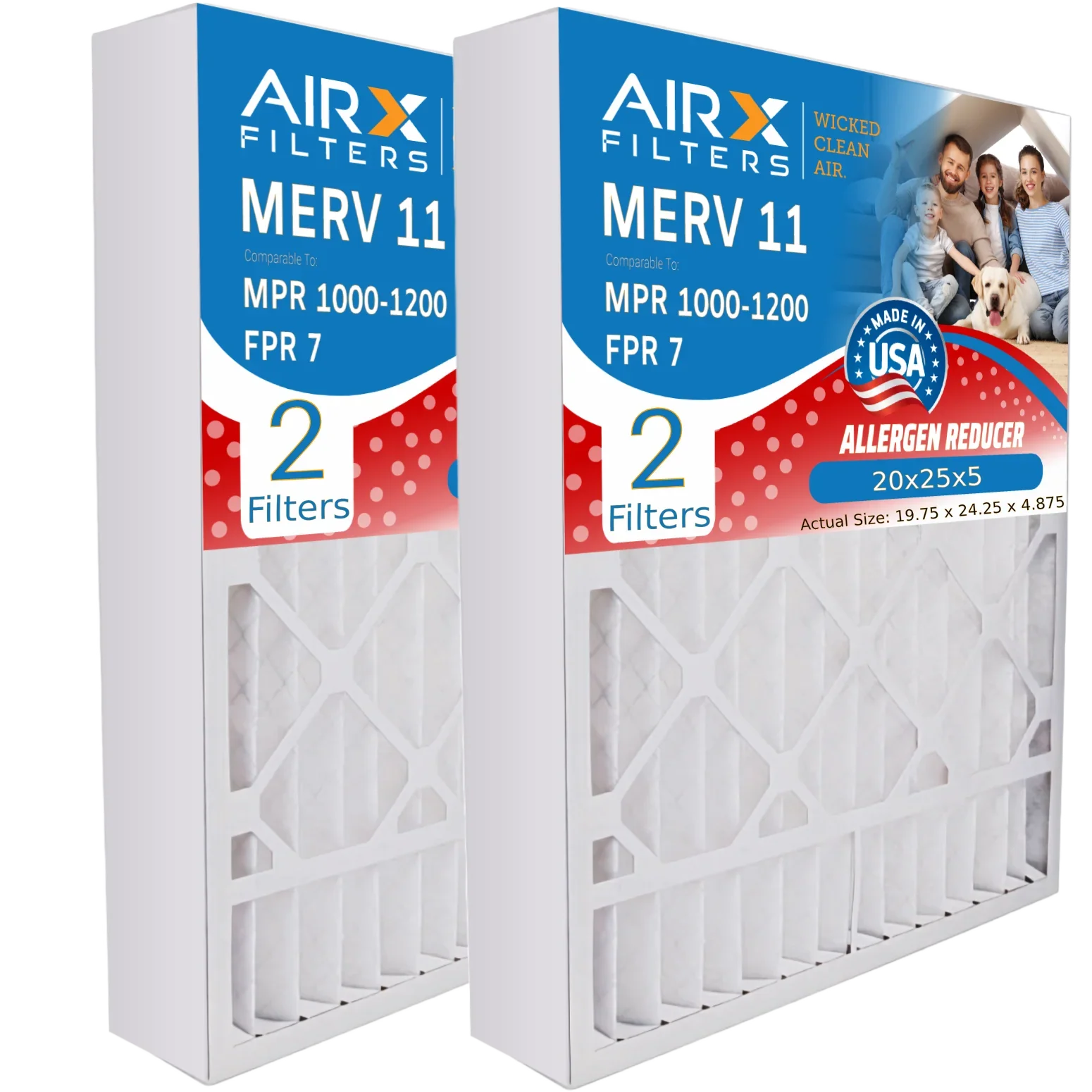 20x25x5 Air Filter MERV 11 Comparable to MPR 1000, MPR 1200 & FPR 7 with Air Bear 255649-102 Premium USA Made 20x25x5 Furnace Filter 2 Pack by AIRX FILTERS WICKED CLEAN AIR.