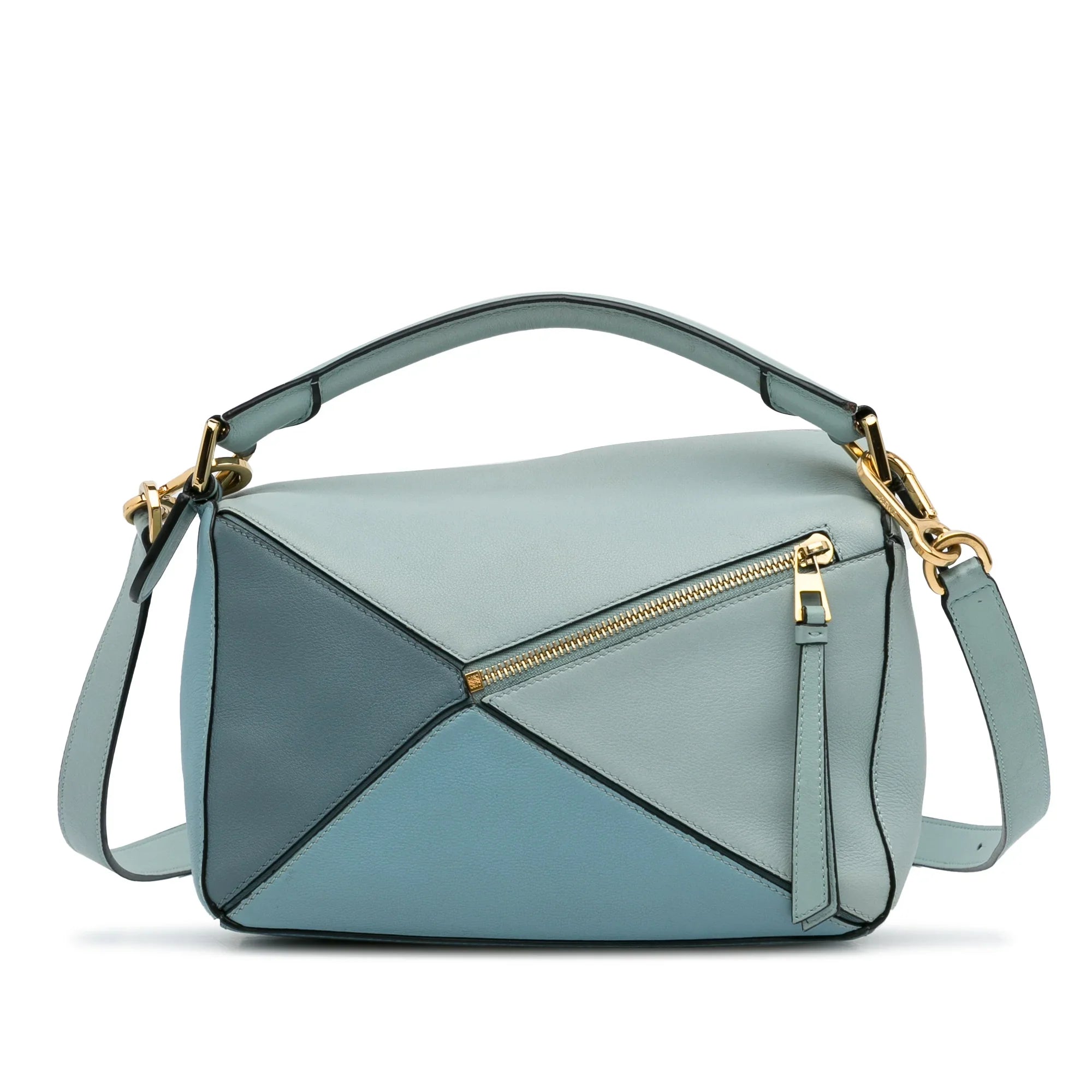 Pre-Owned Authenticated LOEWE Small Tricolor Puzzle Bag Calf Leather Blue Satchel Unisex (Good)
