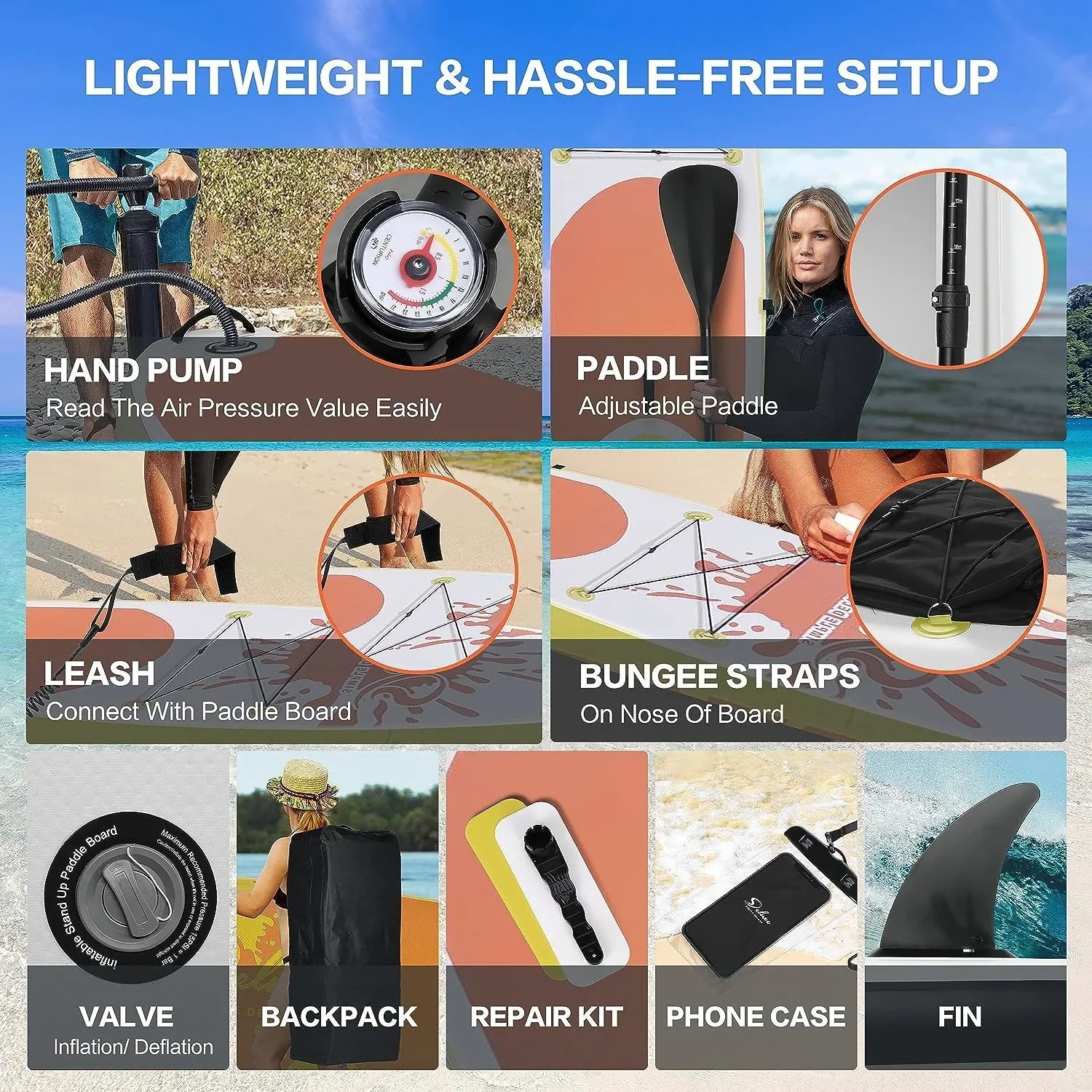Deluxe Pink Inflatable Stand Up Paddle Board - Complete kit with multiple accessories and backpack easy carrying - 27.55 - Experience stability and ease with our versatile paddle board!