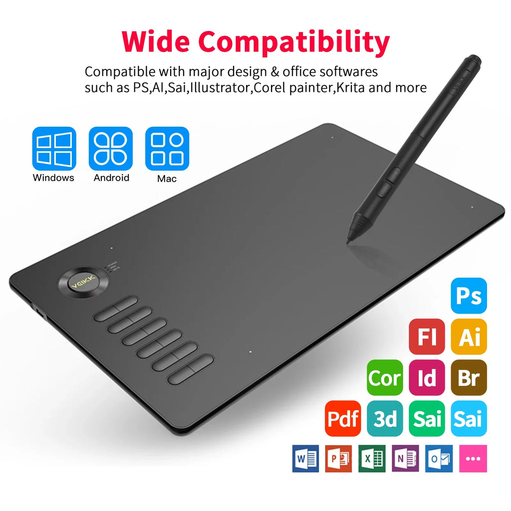 VEIKK Tablet,10x6in 8192 12 Tablet 10x6in 8192 A15 Tablet Windows Android 12 10x6inch 250rps 5080lpi Laptop Pc 12 5080lpi Resolution Tablet 8192 Sensitivity Battery-free 8192 Sensitivity