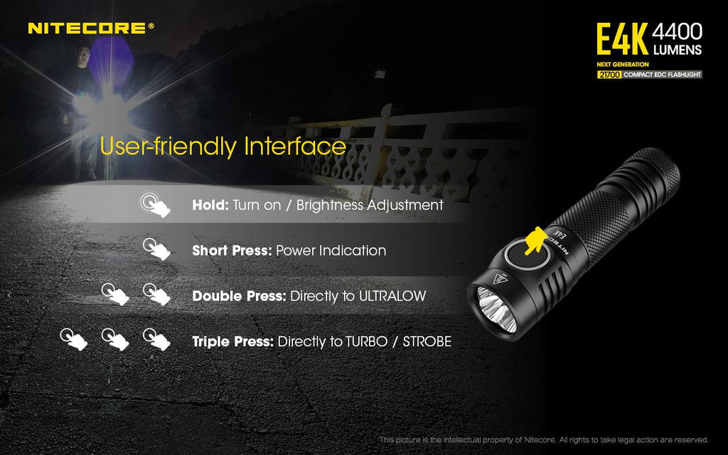Combo: NITECORE E4K Next generation Flashlight - 4400 Lumens w/Tip Copper Keychain Light -360 Lumens