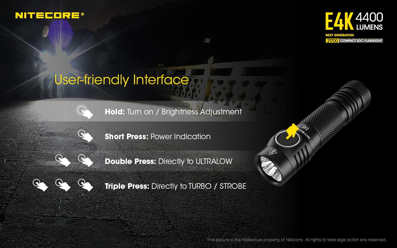 Combo: NITECORE E4K Next generation Flashlight - 4400 Lumens w/NTK05 Small Folding Knife