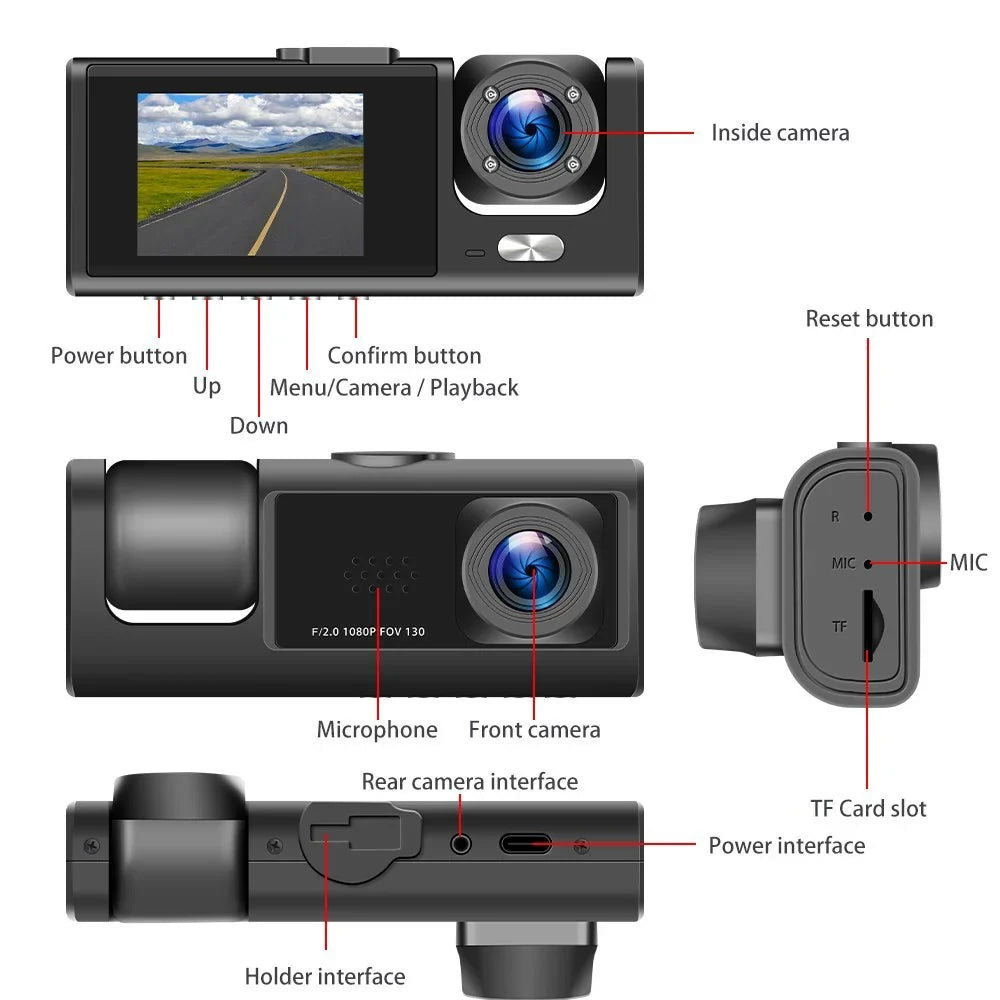 Dash Cam Front Rear Inside W/32GB TF Card, 3 Channel Dual Dash Camera, 1080P Car Camera DVR Backup Cam, 3 Way Triple Dashboard Driving Recorder, Inside IR Night Vision, G-Sensor