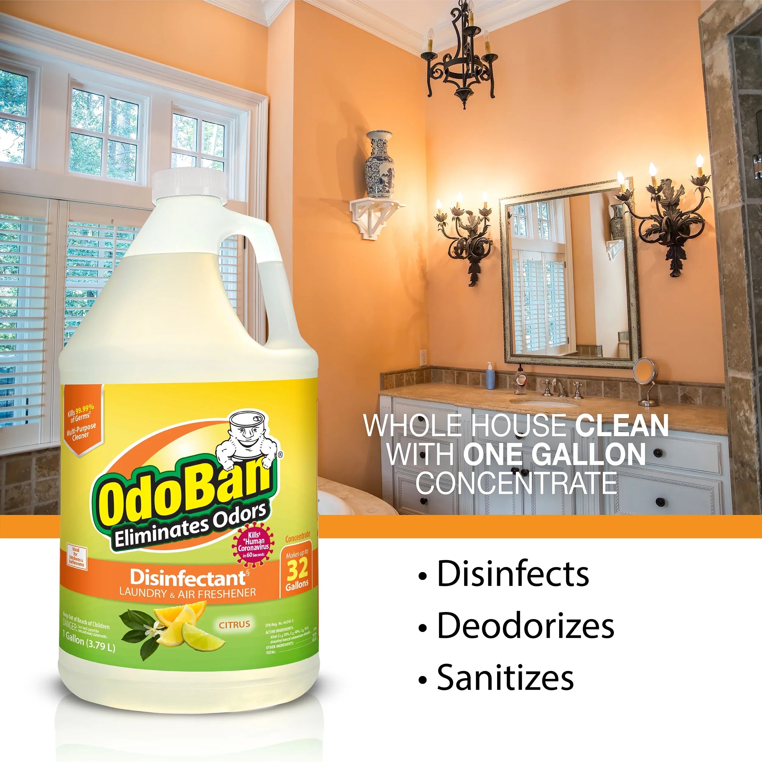 OdoBan Aroma Eliminator Set, 10 Ounce 360-Degree Continuous Spray Natural Oil Real Citrus Orange Air Freshener, 1 Gallon Multipurpose Disinfectant Cleaning Concentrate, 14 Ounce Solid Scent Absorber