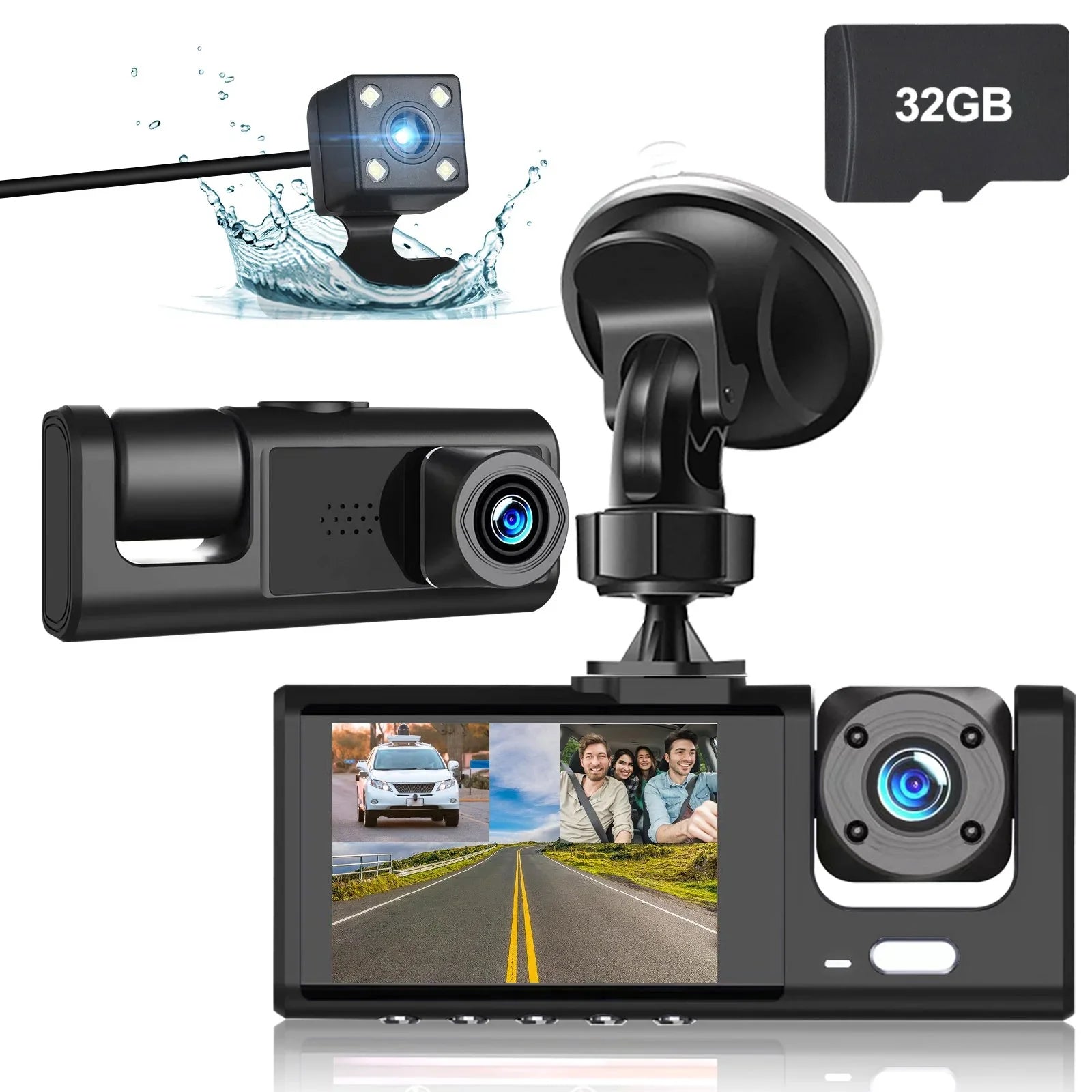 Dash Cam Front Rear Inside W/32GB TF Card, 3 Channel Dual Dash Camera, 1080P Car Camera DVR Backup Cam, 3 Way Triple Dashboard Driving Recorder, Inside IR Night Vision, G-Sensor