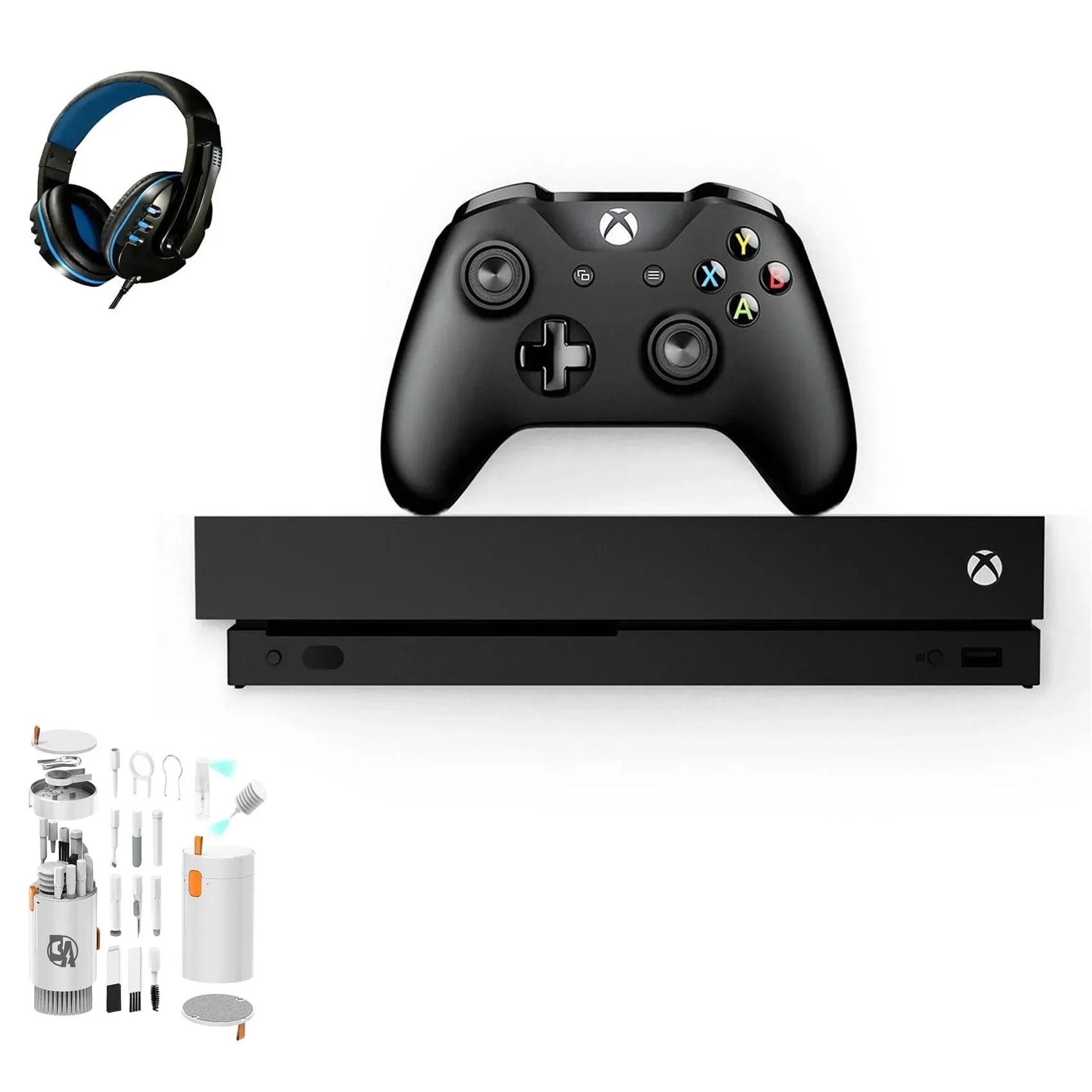 Microsoft Xbox One X 1TB, 4K Ultra HD Black with BOLT AXTION Cleaning Kit Headset Bundle Like New