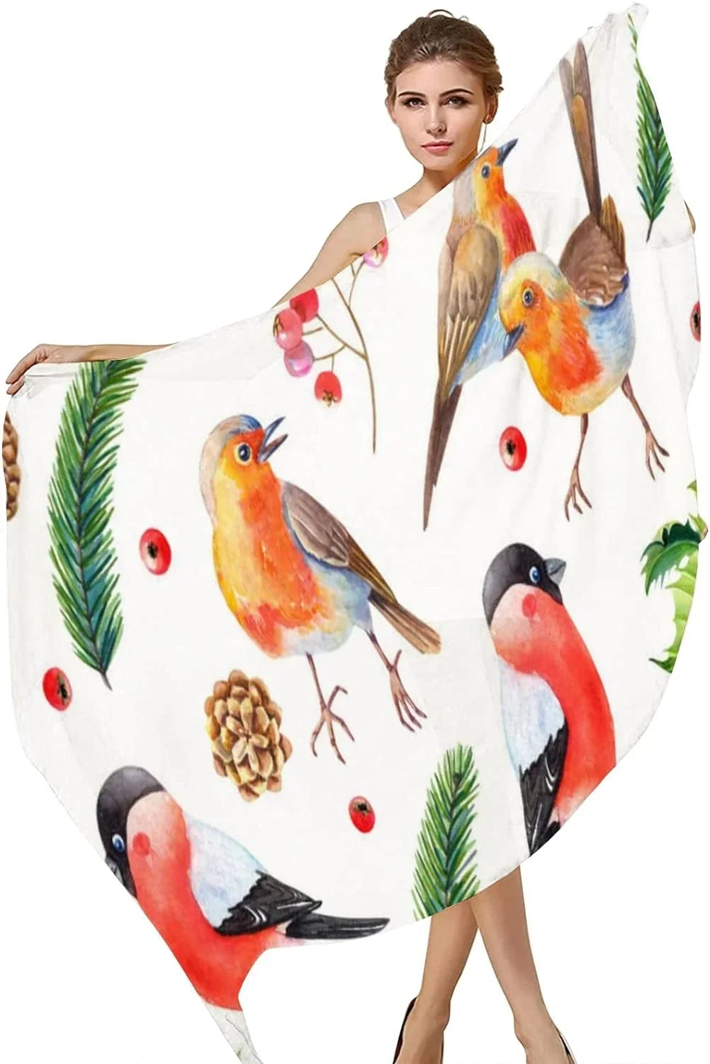 Hyjoy Christmas Watercolor Bird with Leaves Long Silk Neck Scarf Lightweight Shawl Wrap Scarves Women Girls