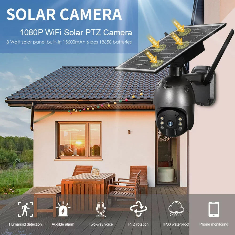 DFITO Wireless Solar Security Camera, 1080P HD Outdoor Camera WIFI PTZ Surveillance Security Camera CCTV IP66 Waterproof, AI Human Detection, 2-Way Audio, PIR Motion Detection