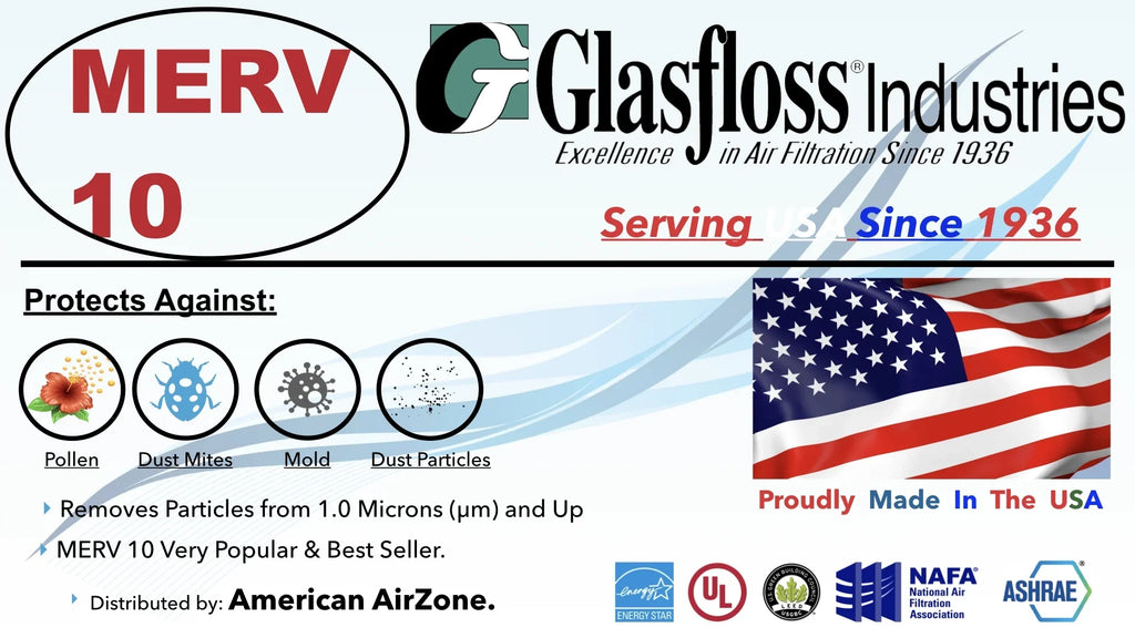 Glasfloss Air Filter 14x25x2 - 2" MERV 10 - (Pack of 12) - Pleated AC or HVAC Air Filter - Furnace Air Filter - Home or Office - Made In The USA.