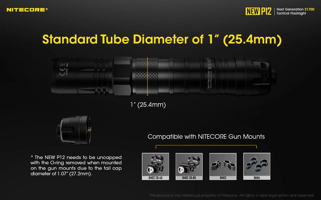 Nitecore New P12 Version LED Flashlight - 1200 Lumens w/NL2150HPR Battery, USB Cord, Offset Mount and RSW3 Pressure Switch