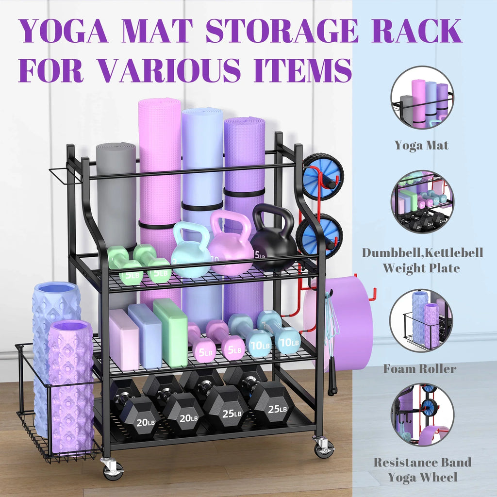 Mythinglogic Yoga Mat Storage Racks, Home Gym Storage Rack, Workout Equipment Storage Organizer with Hooks Wheels