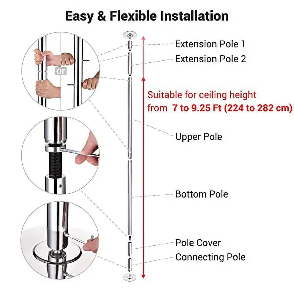 AW 9.25 FT Portable Dance Pole Kit Static Spinning Pole Dancing Pole Strip Poles Home Removable 45mm Dance Pole Gym Party Club Exercise Fitness Silver/Black/Colorful/Gold, Max Load 1102 Lbs