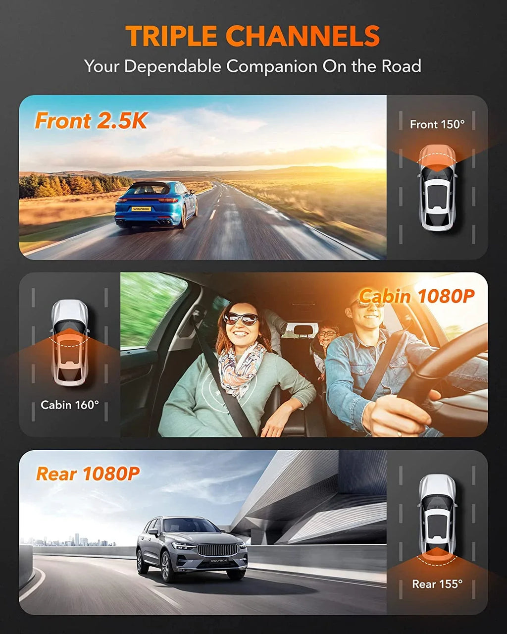 WOLFBOX 4K Dash Cam 3 Channel, WiFi&GPS, 3" LCD DashCam Front and Rear with Super IR Night Vision, Loop Recording, G-Sensor, 24H Parking Monitor