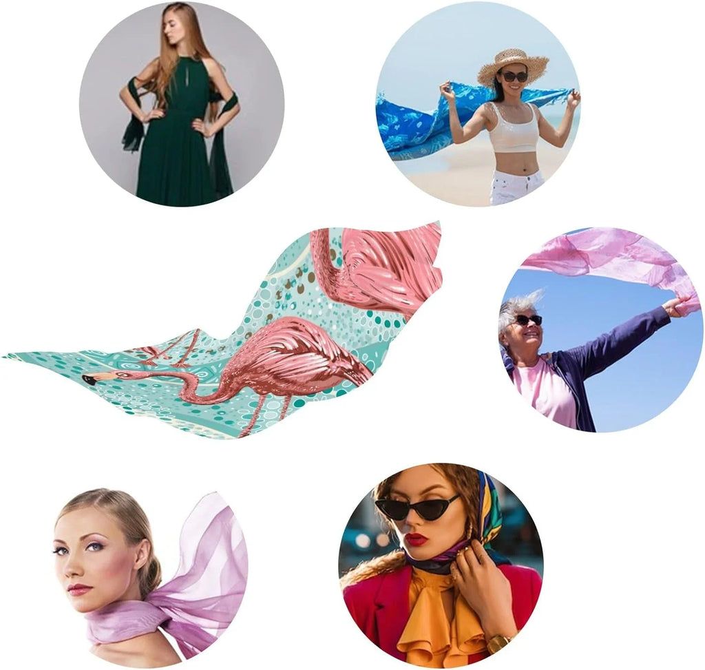 Hyjoy Women Silk Scarf Flamingo Birds Tropical Pink Ocean Sea Hair Wraps Shawls Neck Scarves Colorful Print