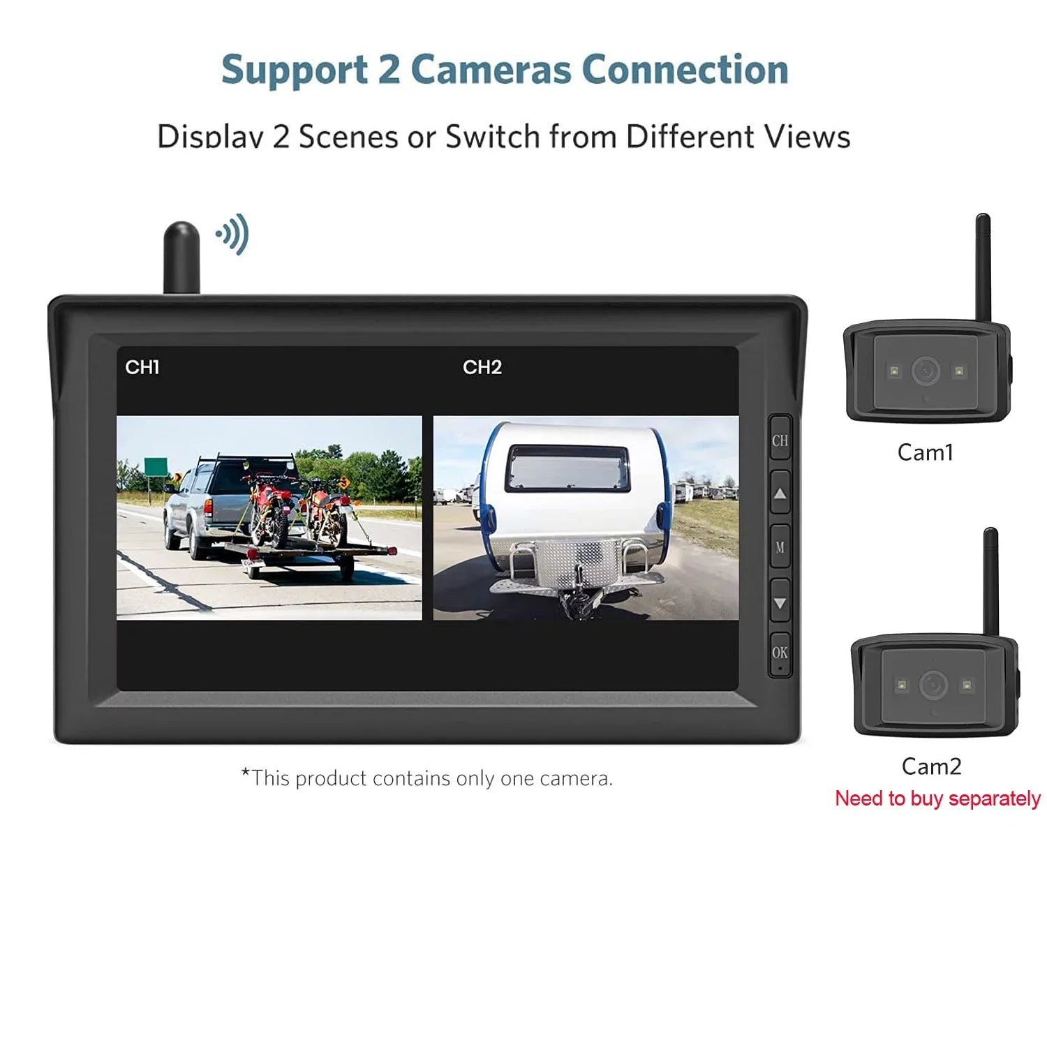 Trailer Wireless Digital Backup Camera Systems Support 2 Cameras, IR Night Vision Campervans Rear View Camera with 7" HD Monitor Support Split Screen, Wireless RV Truck Reverse Camera