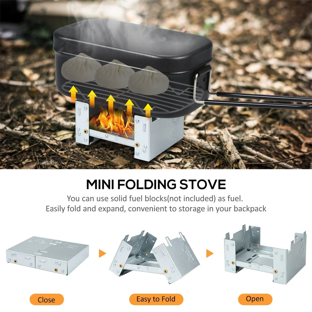 FlyFlise 4pcs Cookware Mess Kit 800ml Camping Lunch Box with Alcohol Stove Steaming Rack Cutting Board Backpacking Hiking Fishing Mountaineering