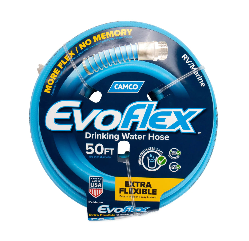 Camco EvoFlex 50-Foot Camper/RV Drinking Water Hose | Lead-Free, BPA-Free, or Phthalate-Free, Blue (22793)