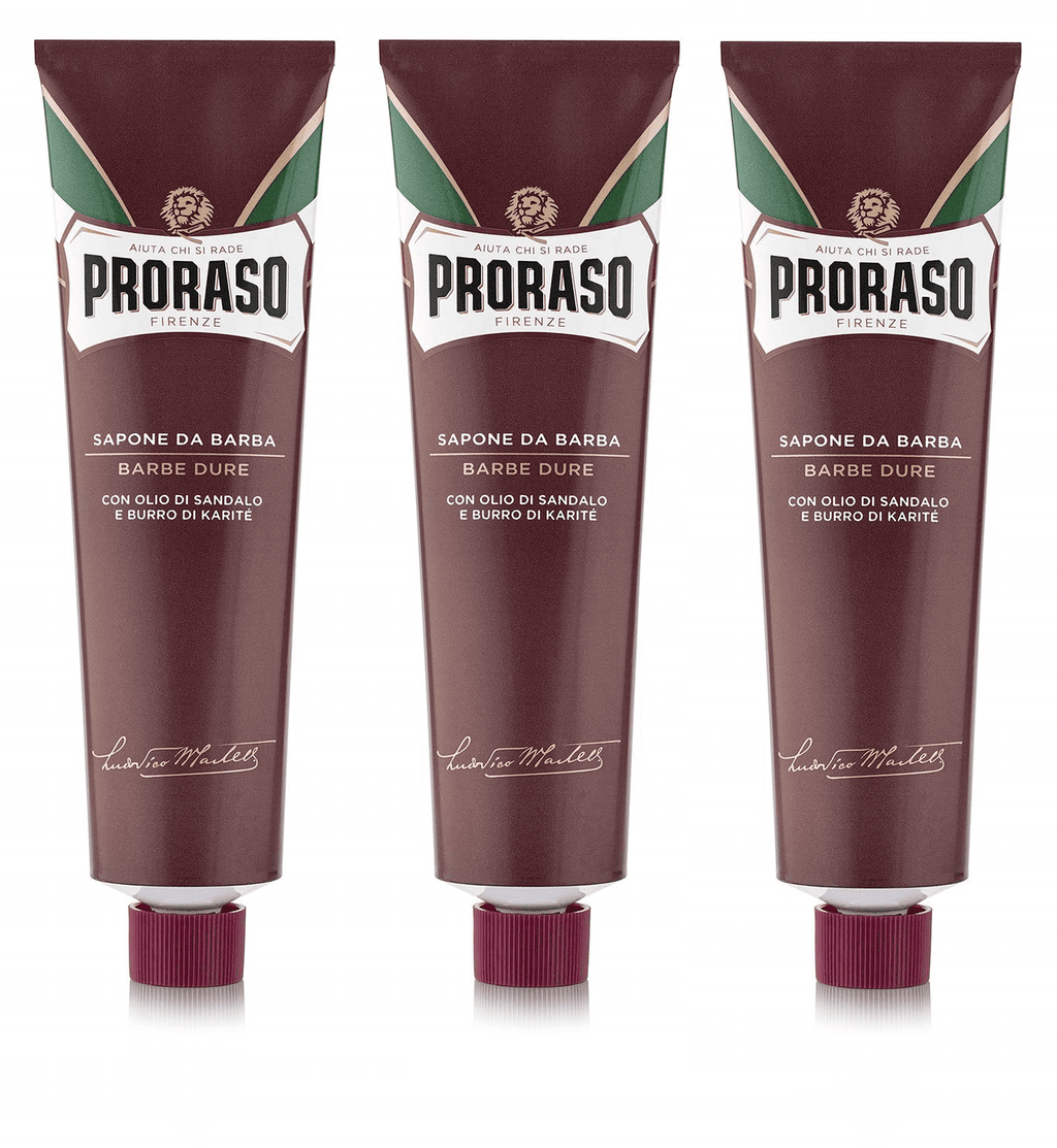 Proraso Shaving Soap Cream Sandalwood Shea Butter Sapone Da Barba in Coarse Beard 150ml tube - RED 3 Pack