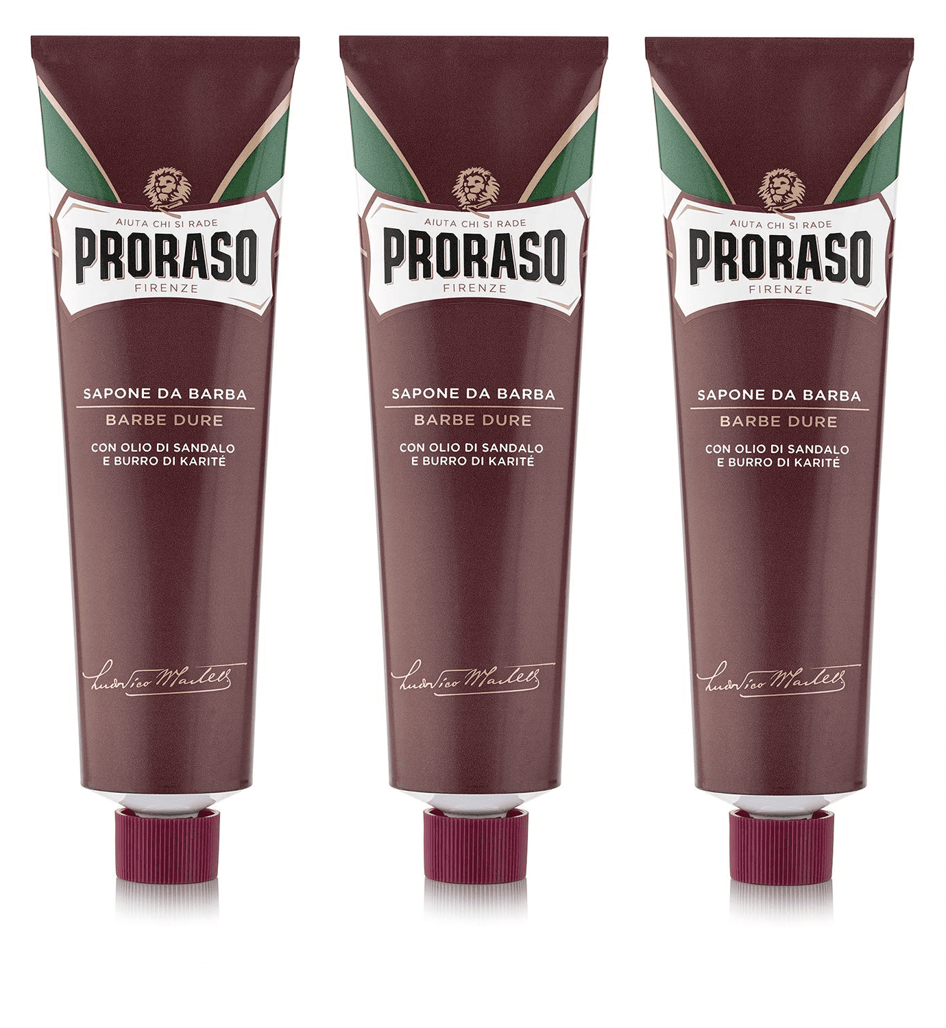 Proraso Shaving Soap Cream Sandalwood Shea Butter Sapone Da Barba in Coarse Beard 150ml tube - RED 3 Pack
