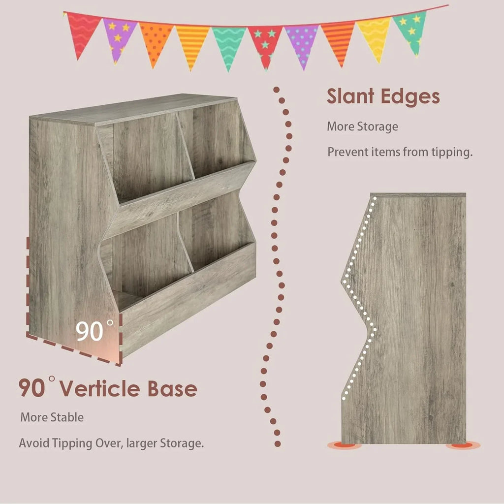 JIAH Kids , Toy Storage Organizer, Wooden Toy Storage Cabinet, 4 Cubby Children Bookcase, Toddler Book Toy Shelf Bedroom, Nursery, Hallway, School, 39.4" Long, Gray Wash
