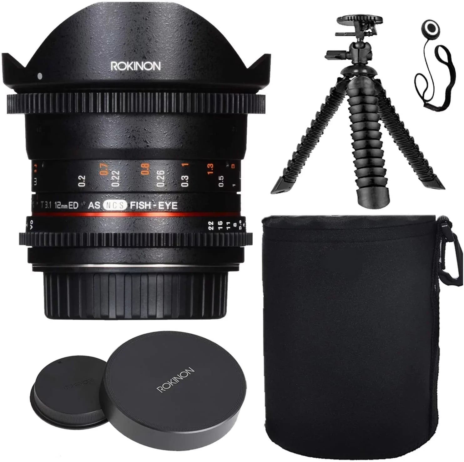Rokinon 12mm T3.1 Full Frame Cine DS Fisheye Lens Sony A w/Lens Hood + Protective Lens Case, Spider Flex Tripod & Other Accessory Bundle