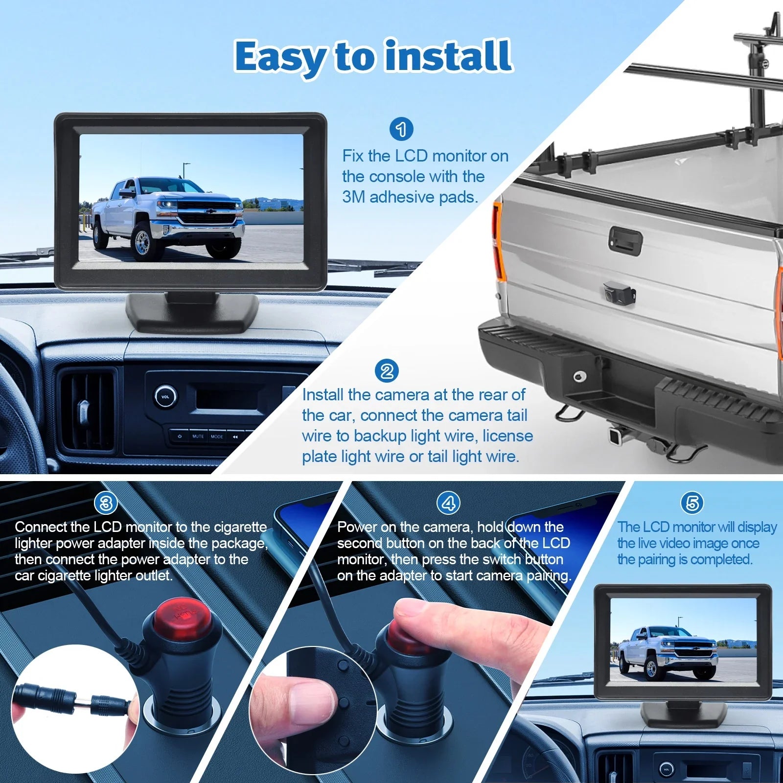 4.3 Inch Wireless Rear View Monitor Kit Backup Camera 720P HD Reverse Camera Car Van Truck Camper Trailer with Parking Guide Lines