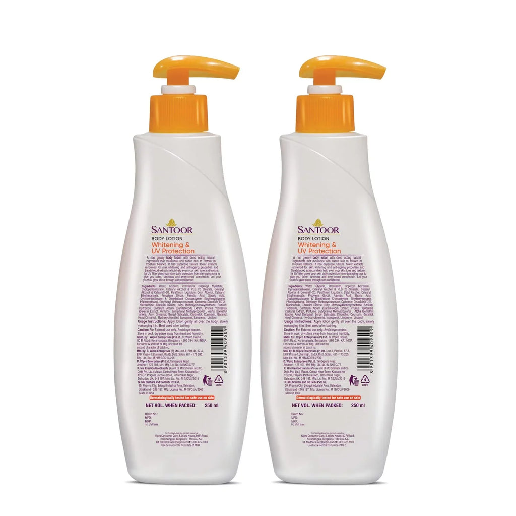 Santoor Perfumed Body Lotion Whitening & UV Protection with Sandalwood & Sakura Extracts, 250ml (Pack of 2)