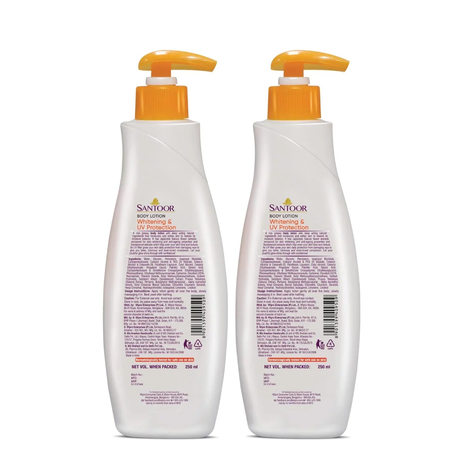 Santoor Perfumed Body Lotion Whitening & UV Protection with Sandalwood & Sakura Extracts, 250ml (Pack of 2)