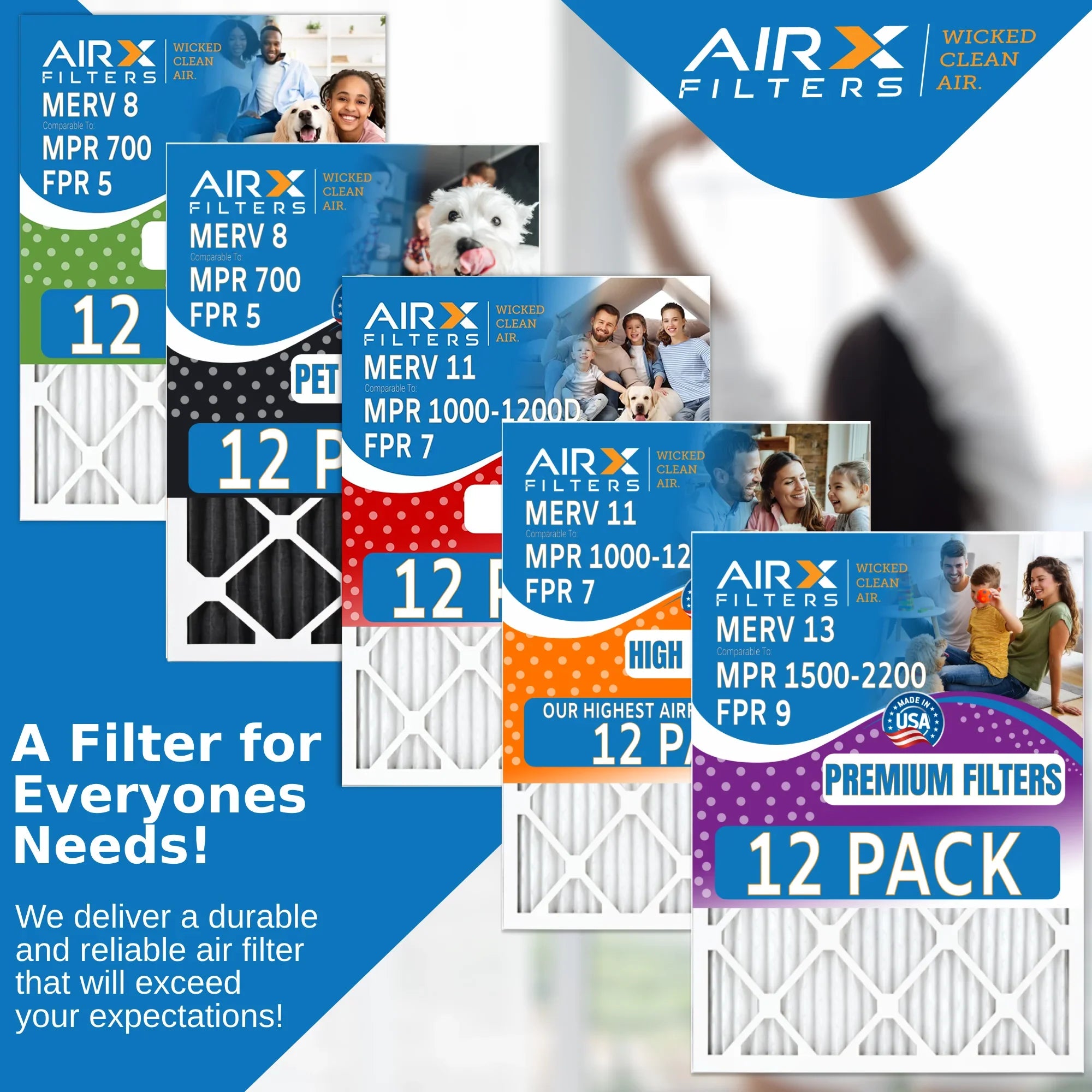 14x25x1 Air Filter MERV 11 Rating, 12 Pack of Furnace Filters Comparable to MPR 1000, MPR 1200, FPR 7, High Efficiency 12 Pack of Furnace Filters Made in USA by AIRX FILTERS WICKED CLEAN AIR.