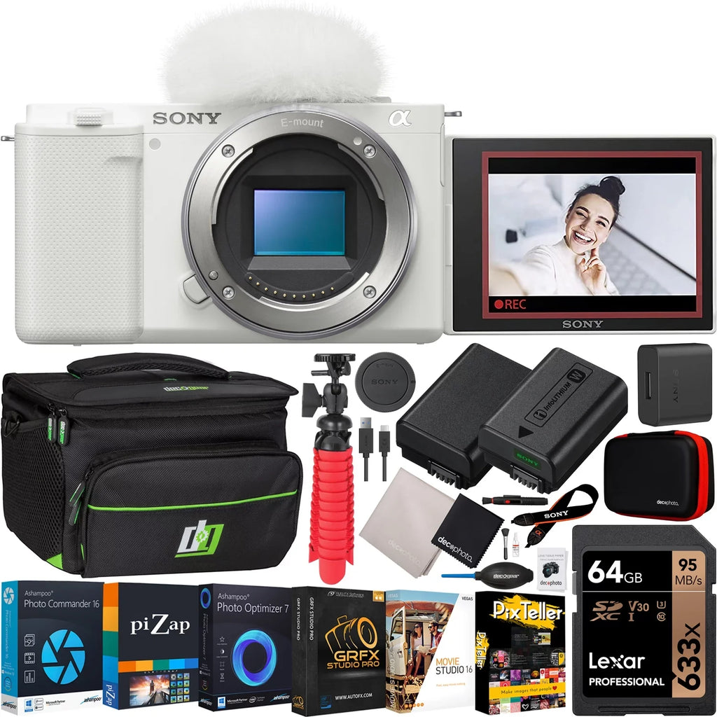Sony ZV-E10 Mirrorless Alpha APS-C Interchangeable Lens Vlog Camera (Body, White) ILCZV-E10/W Bundle with Deco Gear Photography Case + Extra Battery + Photo Video Software & Accessories Kit
