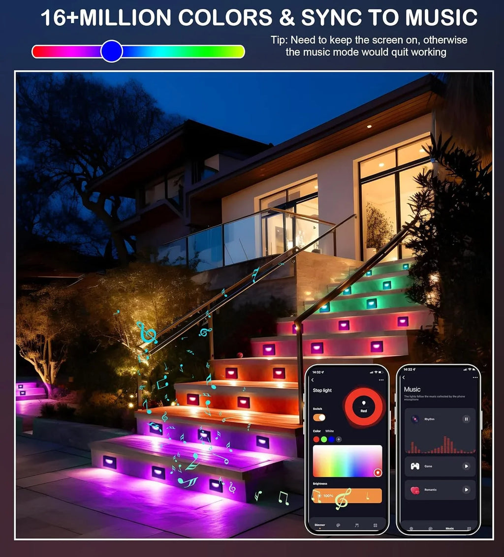 120V Indoor Outdoor Smart LED Step Lights, RGBCW Color Changing Stair Lights,3W 2700K-6500K,Hub Included, with and Google Home Assistant, 6 Pack