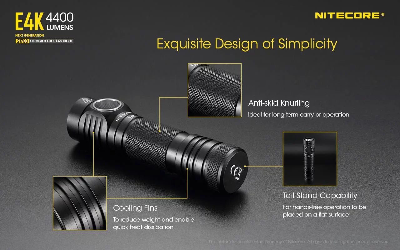 Combo: NITECORE E4K Next generation Flashlight - 4400 Lumens w/Tip Copper Keychain Light -360 Lumens