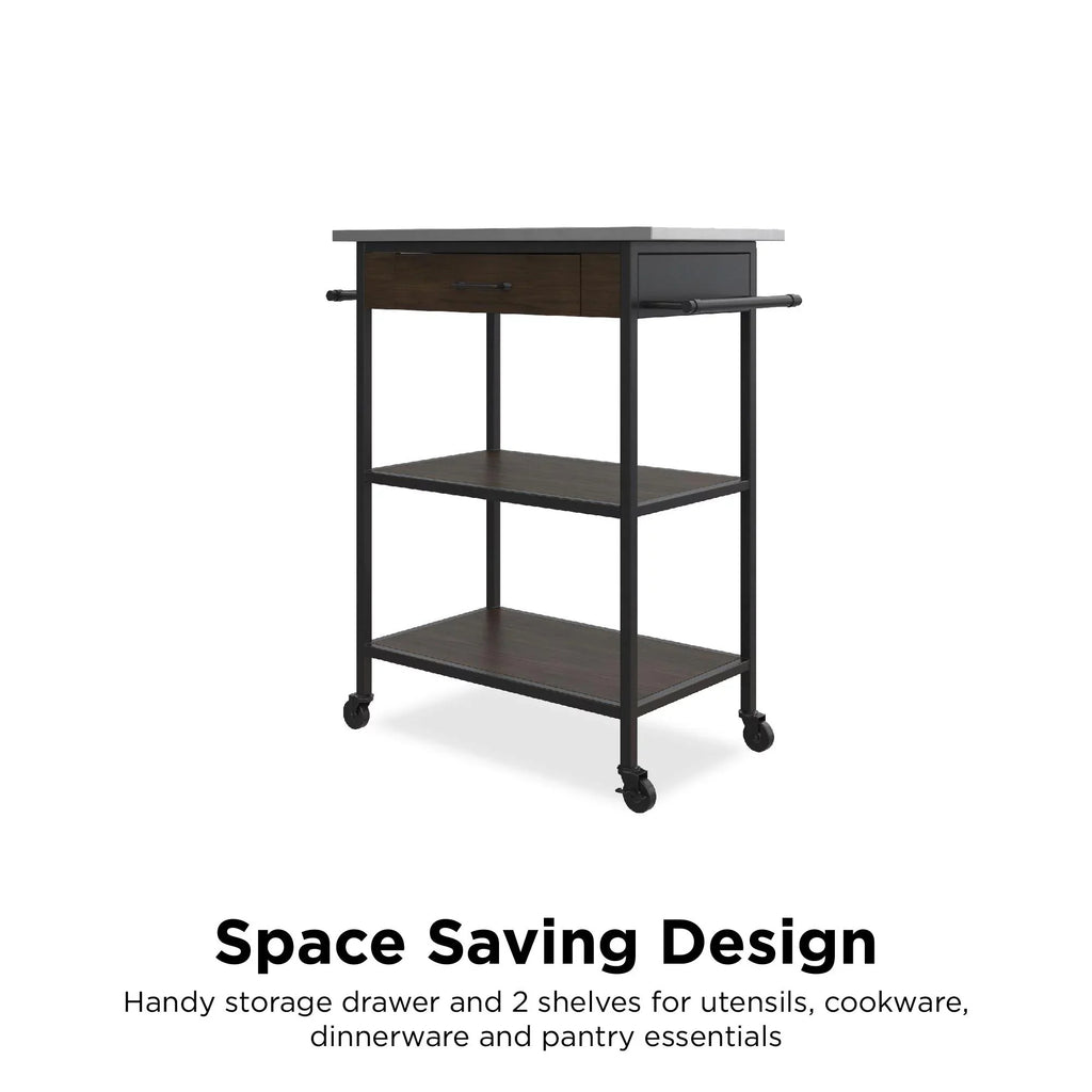 DHP Kane Kitchen Cart, Black Metal Frame, Stainless Steel Counter Top, Pantry Storage, Brown