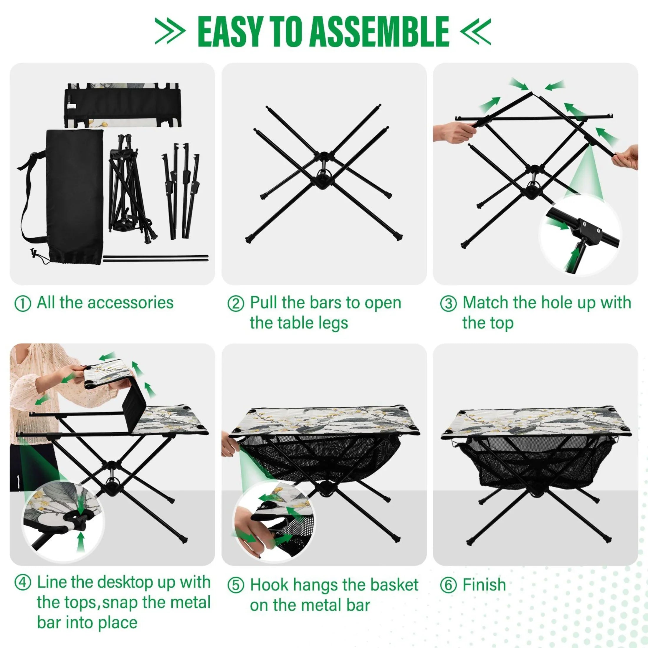 Blooming Jasmine Flowers Camping Foldable Portable Table Beach Table with Storage Bag Compact Picnic Table Outdoor Hiking Fishing BBQ