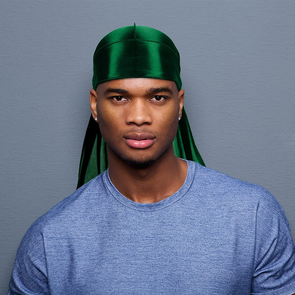 ASKNOTO 4 Pcs Silky Men Durag Headwraps with Long Tail and 4 Pcs Silk Wave Cap Perfect 360 Waves