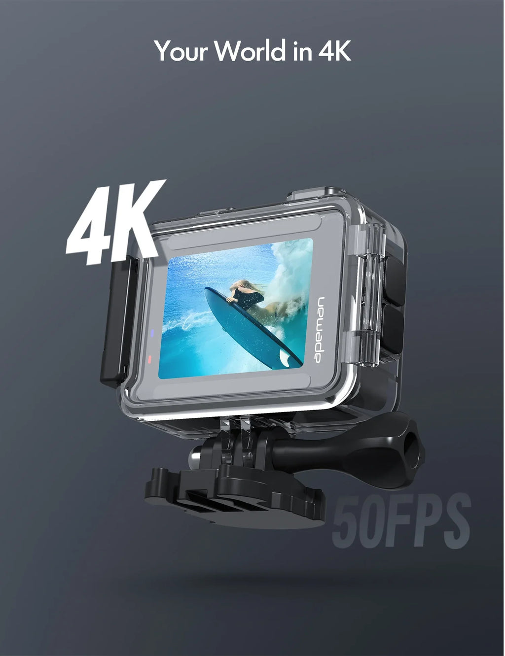APEMAN A100s Action Camera 4K 50fps Touchscreen Ultra HD 20MP WiFi Sports 40M Dual 1350 mAh Batteries