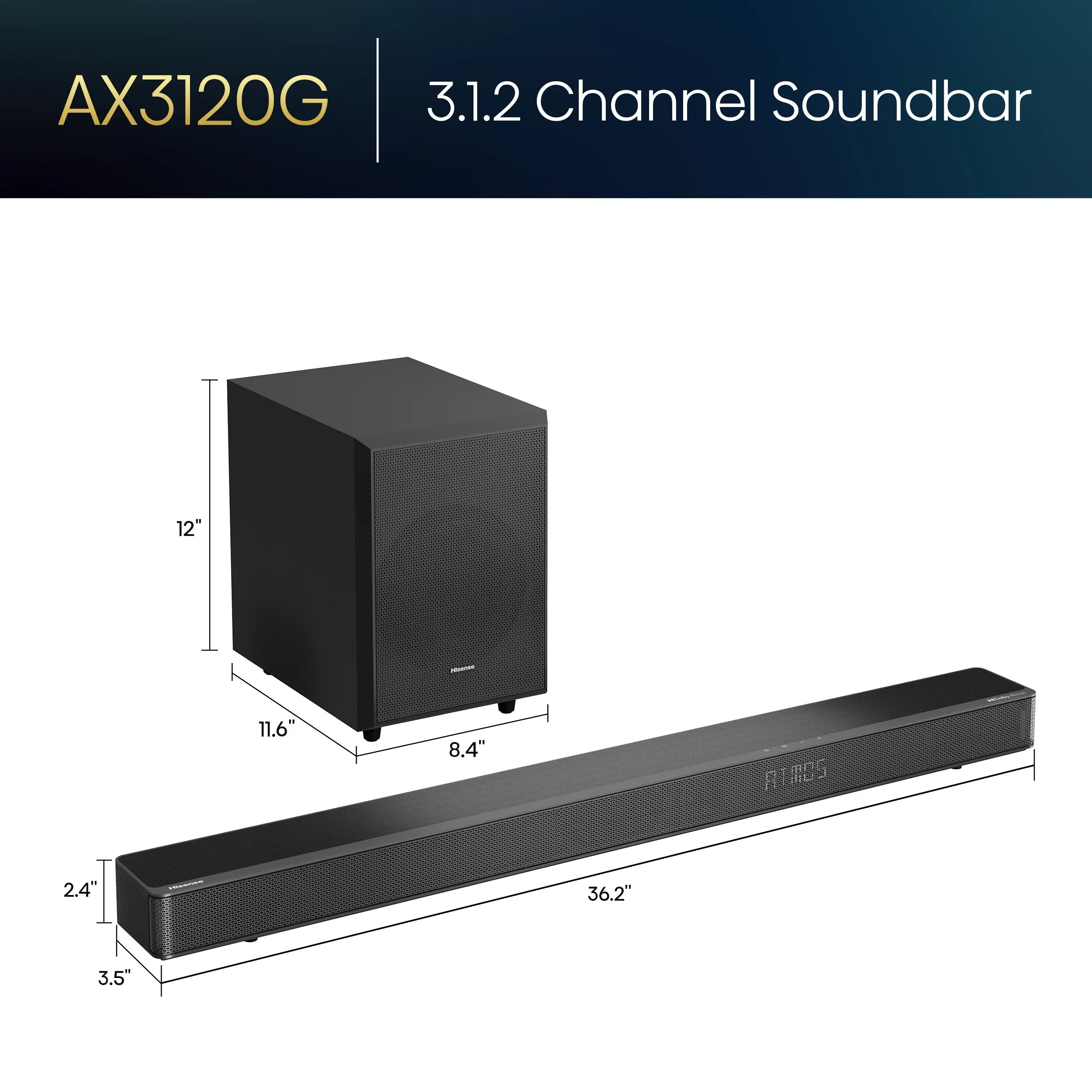 Restored Hisense 3.1.2 Ch 360W Soundbar with Wireless Subwoofer* and Dolby Atmos (AX3120G) (Refurbished)
