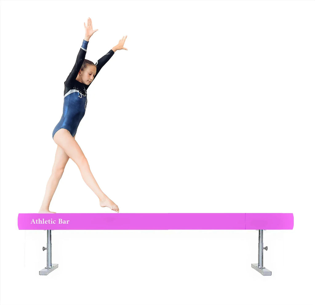 Athletic Bar 8ft Adjustable Acrobatic Tube Beam, High/Low Floor Balance Beam Gymnastics Equipment Kids/Adults Gymnastics Beam Gymnastics Competition Training Practice fine Yoga Stretching Pink