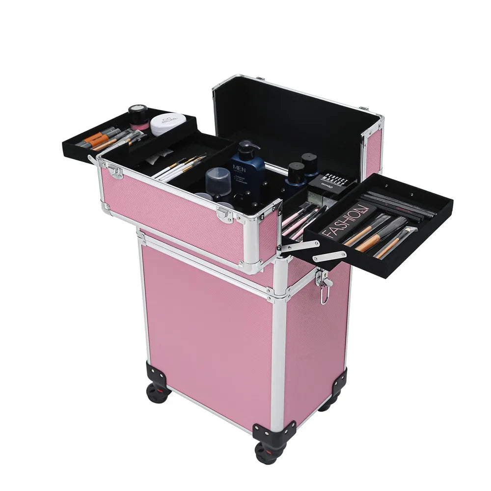 Zeng Rolling Makeup Case with Drawers Train Case Makeup Trolley Case,Pink